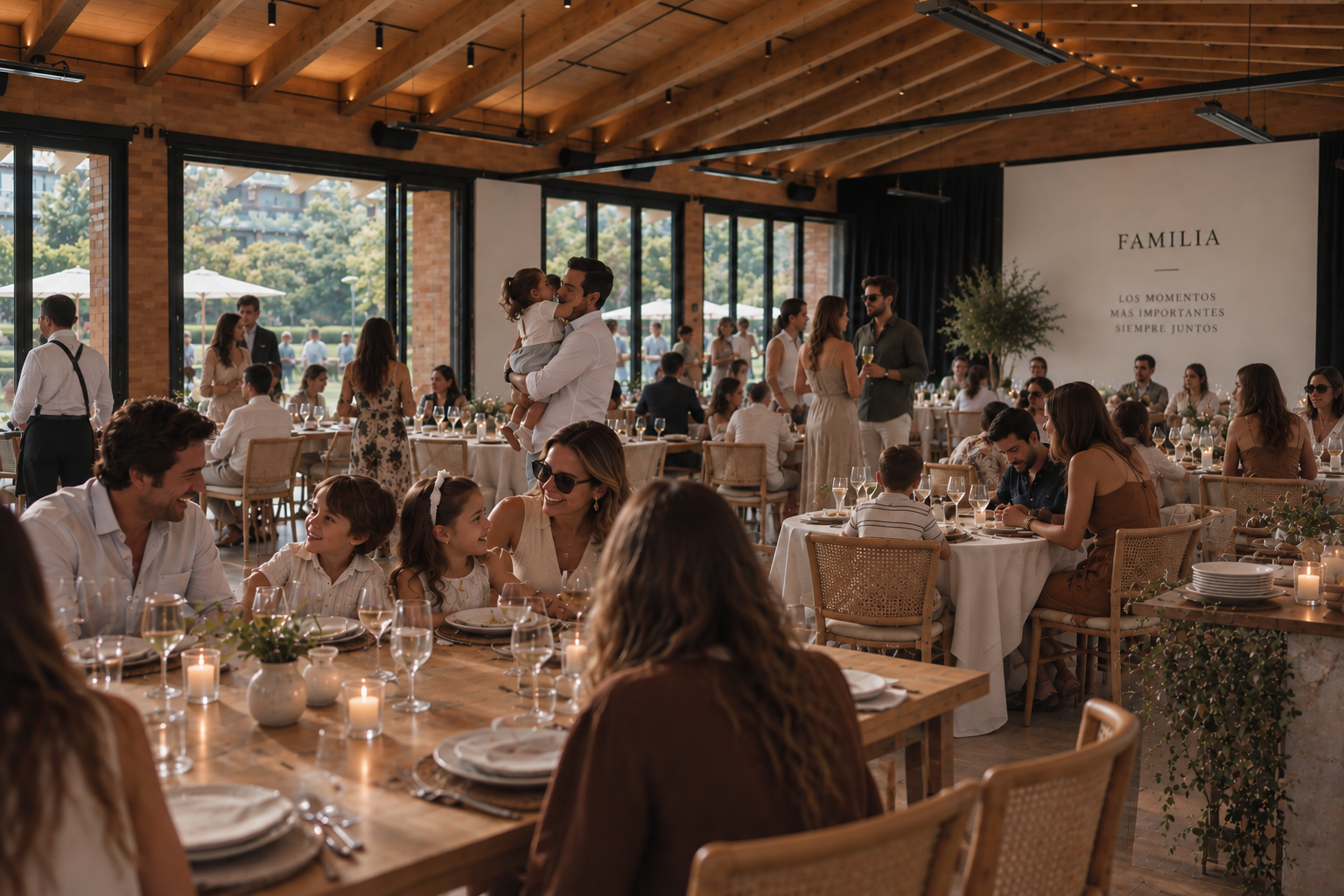 Familias celebrando en Salón Jardín, con mesas montadas, techos de madera y ventanales al jardín